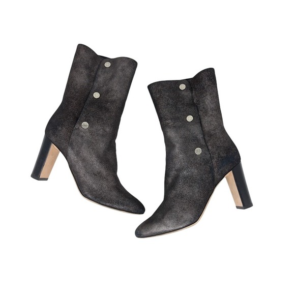 Jimmy Choo Dayno 85 Glitter Suede Ankle Boots Black Silver Snaps IT 37.5 US 7.5 - Picture 4 of 12